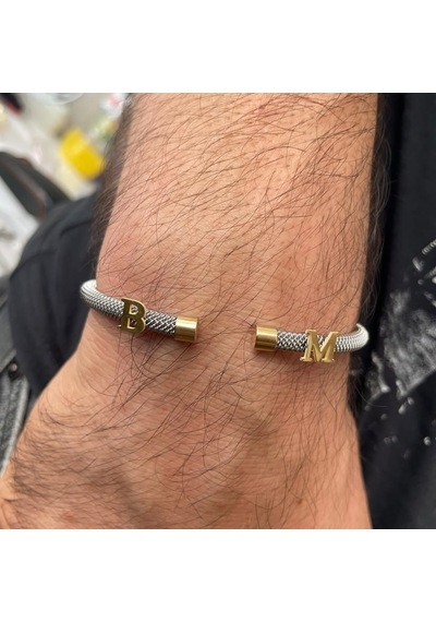Simurg Jewellery 14 Ayar Altın Harfli Beyaz Çelik Bileklik Sarı - Beyaz