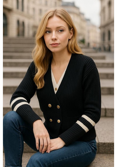 Hira Life Fashion Kadın Gold Düğmeli V Yaka Fitili Kolu Şerit Detaylı Kazak-hırka Siyah Siyah Hira Life Fashion Kadın Gold Düğmeli V Yaka Fitili Kolu Şerit Detaylı Kazak-hırka Siyah Siyah