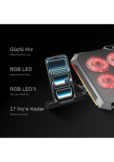 S51 Icevolt Siyah Rgb Işıklı 8 Fanlı Lcd Göstergeli 16 Kadar Yükselebilen Notebook Soğutucu