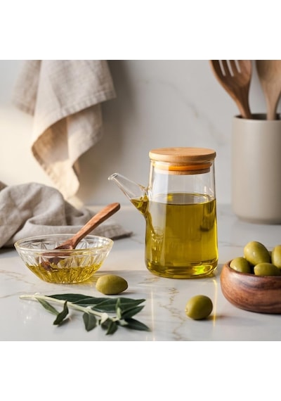 330 Ml 0,33 Litre Bambu Kapaklı Borosilikat Cam Yağlık Ve Sirkelik - Damlatmaz Uçlu, Isıya Dayanıklı Şeffaf Sıvı Yağ Şişesi Ve Mutfak Sosluğu Çok Renkli