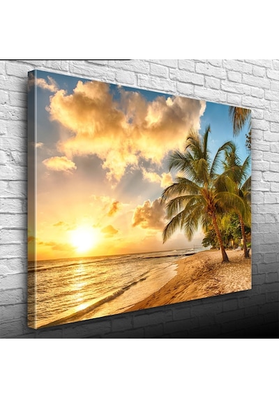 Kumsalda Palmiyeler Ve Günbatımı Kanvas Tablo 50 X 70