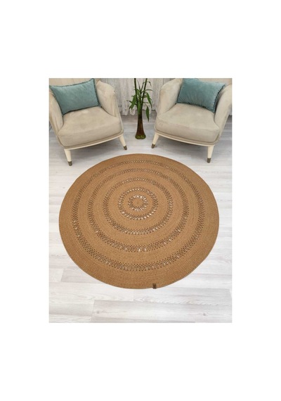 Jüt Hasır Görünümlü Desenli Modern El Örgüsü Daire Halı Kilim Hasır Hasır