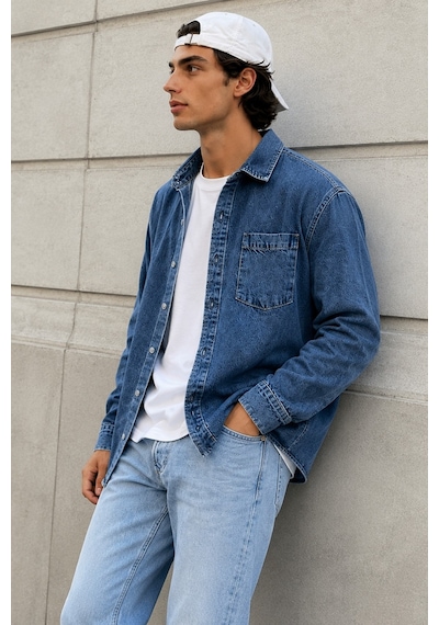 Tarz Cool Erkek Regular Denim Gömlek Yıkamalı Kot Uzun Kollu Cepli Jean Gömlek Lacivert