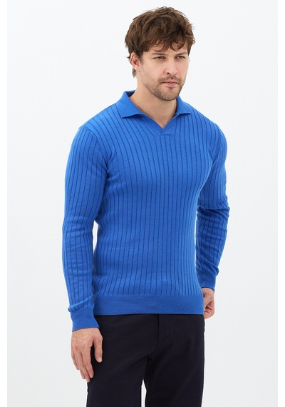 Cool Tarz Saks Erkek Polo Yaka Fitilli Triko Kazak Saks Saks