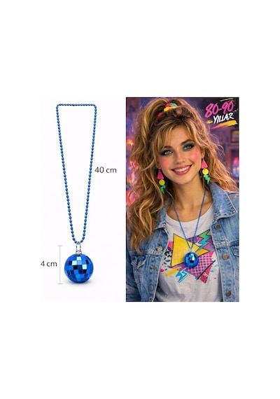 Retro Disko Topu Şekilli 80&amp 39 Ler 90&amp 39 Lar Mavi Renk Plastik Kolye - Grsy-764263