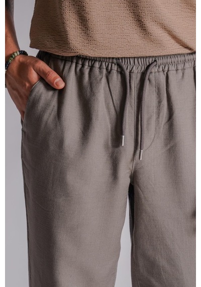 Erkek Yandan Cepli Beli Lastikli Keten Dokulu Relaxed Fit Jogger Pantolon Haki Haki