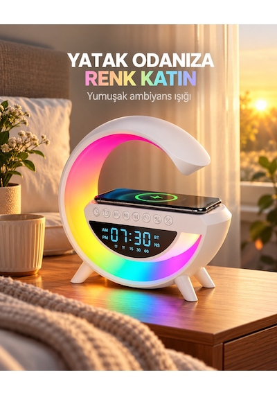 Şarjlı Hoperlör 7 Led Işıklı Bluetoothlu Alarm Saat Şarj İstasyonu Ritme Göre Renk