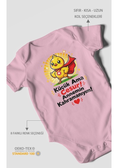 Morivokids Küçük Ama Cesur Annemin Kahramanıyım Kısa Kollu Bebek Body %100 Pamuk Koyu Pembe