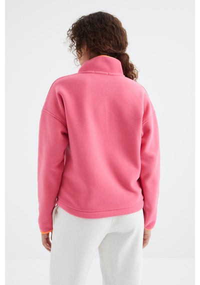 Tommy Life Şeker Pembe Yarım Fermuar Etek Ucu Büzgülü Dik Yaka Oversize Kadın Polar Sweatshirt - 97234 Şeker Pembe