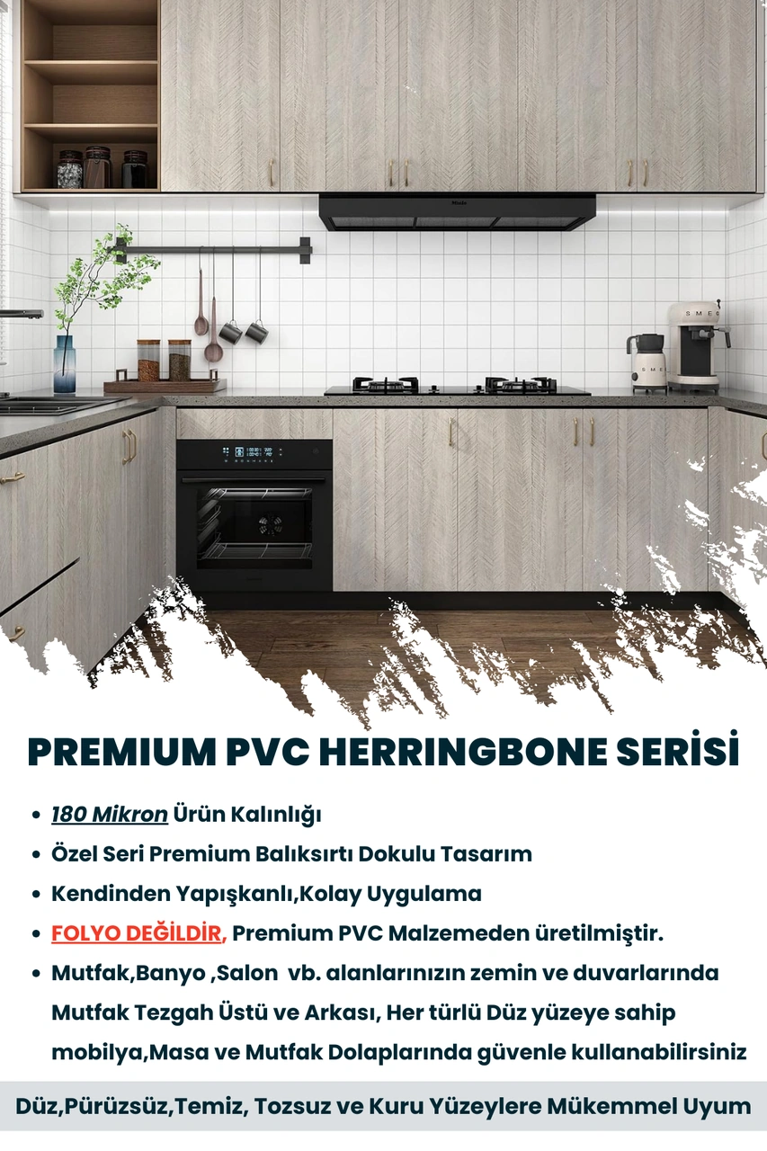 Technojet Kendinden Yapışkanlı Dokulu Balıksırtı Desen Premium Mutfak Duvar Dolap Kaplama 60cmx500cm Bej