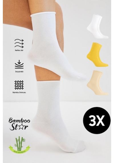 Bamboo Star Bambu Kadın Lastiksiz Soket Dikişsiz Premium Çorap 3'lü Asorti Paket Sıkmayan Çorap / İz Bırakmaz Çok Renkli