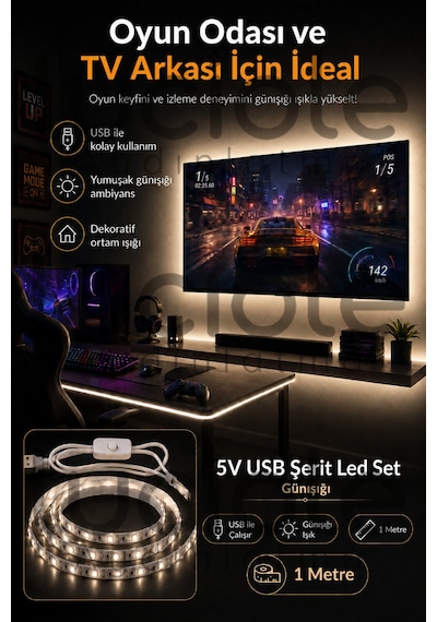 1 Metre 5v Usb Günışığı Şerit Led Aç Kapa Anahtarlı Mutfak Tv Masa Dolap Altı Işık
