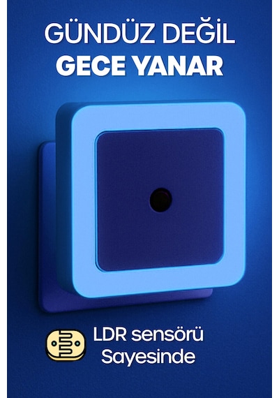 Kare Otomatik Gece Lambası Işığa Duyarlı Karanlık Ldr Sensörlü Koridor Mavi Gc02 Mavi