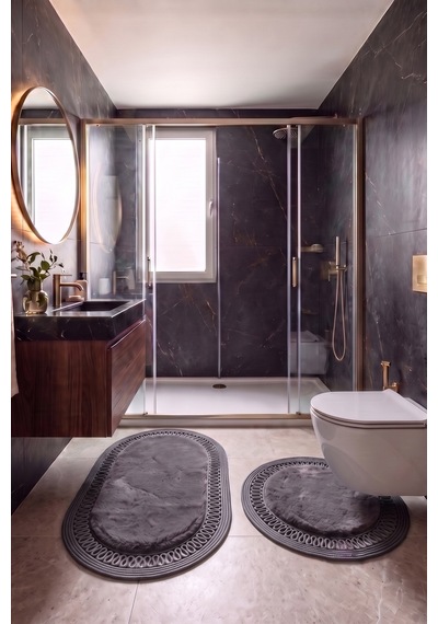 Banyo Paspası Takımı 60x100+60x60 Cm İç Trikot Antrasit Gri & Antrasit Gri