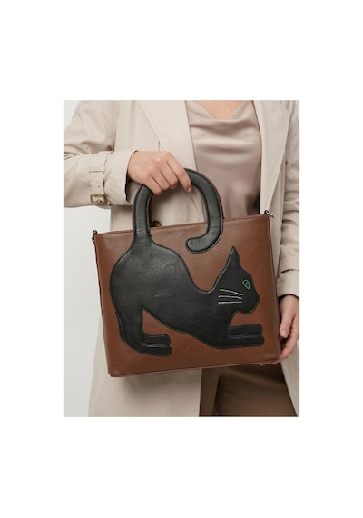 Levano Leather Hakiki Dana Derisi Premium Siyah Kedi Figürlü Kadın El Ve Omuz Çantası taba