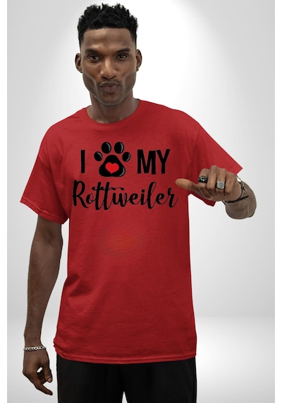 Köpek Sevgisi Rottweiler Pamuklu Bisiklet Yaka Unisex Oversize Boyfriend Dijital Baskılı Kırmızı T-shirt Kırmızı