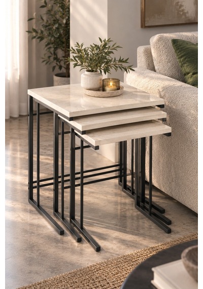 Sulorahome 3'lü Ekru Zigon Sehpa Seti Traverten Desenli Metal Ayaklı