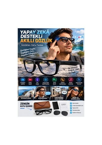 Ultra Aı Akıllı Gözlük 8mp Kamera, 1080p Full Hd Video, Bluetooth, Yapay Zekâ Asistanı Ve Anlık Çeviri Siyah