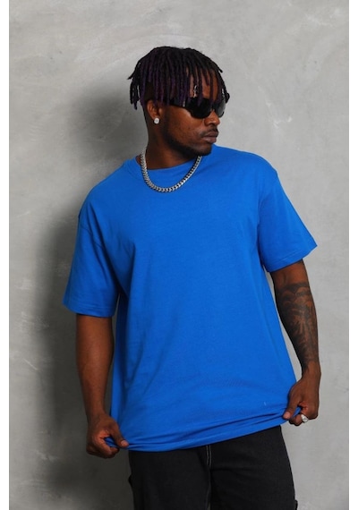 Erkek Düz Yazlık Kısa Kol Tişört Bisiklet Yaka Oversize T-shirt - Mavi