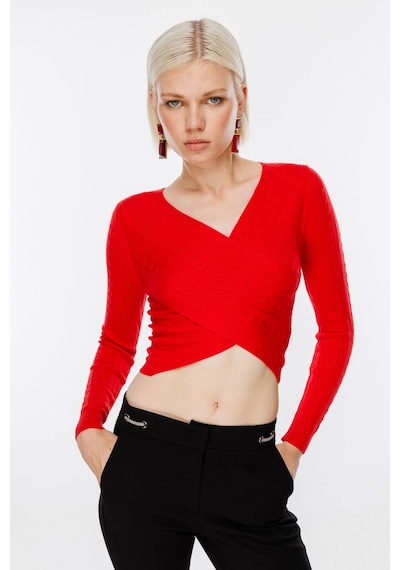 On Kadın Oversize V Yaka Crop Kazak - Uzun Kol Kırmızı