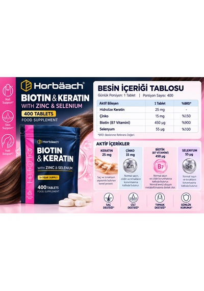 Horbäach Biotin & Keratin Çinko Ve Selenyum İçeren Takviye Edici Gıda 400 Tablet