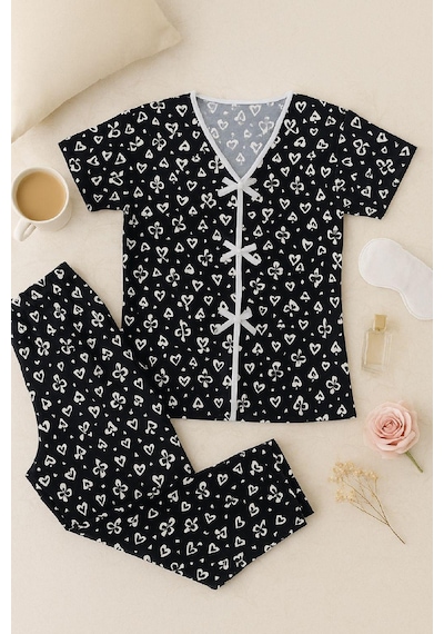 Moda Dua Kadın Siyah Beyaz Desenli Fiyonklu Kısa Kollu Pijama Takımı