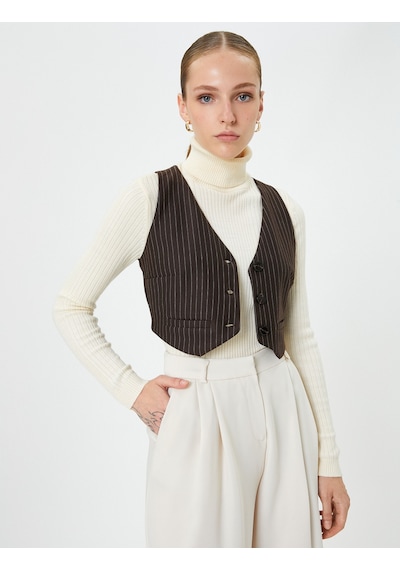 Koton Crop Yelek Düğmeli Mini Cepli Ekru Çizgili 4wak10238ek Ekru Çizgili