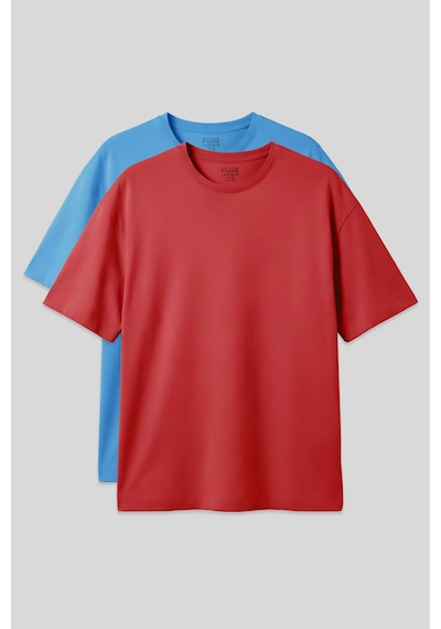 Basic Oversize O Yaka 2li Paket Fiesta-petrol Mavi Erkek T-shirt - 88377 Kırmızı - Mavi