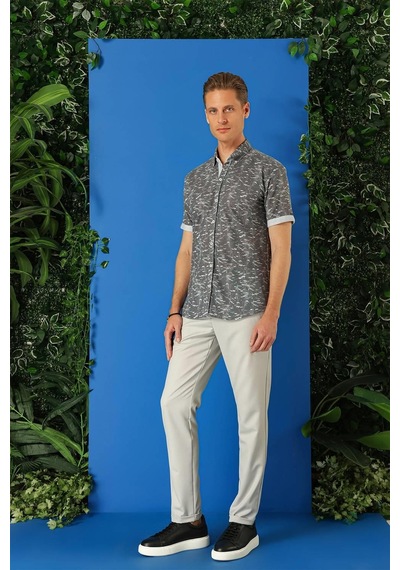 Efor Slim Fit Düğmeli Yaka Desenli Kısa Kol Pamuk Füme Gömlek G 1499 Füme
