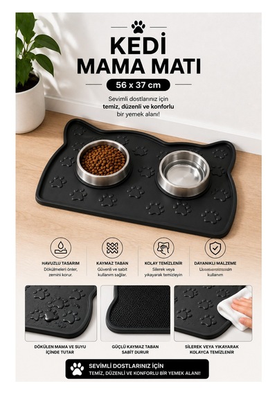 Kedi Beslenme Paspası Kedi Mama Matı Figürlü Yıkanabilir Kokusuz 56x37