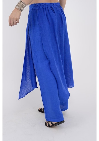 Bohem Stil İtalyan Ham Keten Pantolon Etek-8747 Saks Mavisi