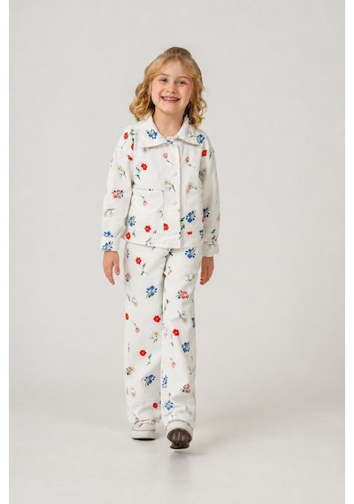 Eray Alp Kids Kız Çocuk Çiçek Baskılı Ceket Pantolon Takımı Günlük Rahat Kombin Beyaz
