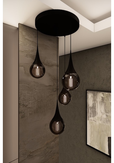 Liora Modern Siyah Metal Avize - Beyaz Cam, 4'lü Sarkıt, E27 Duy