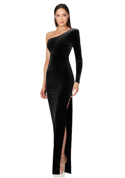 Hanife Glam Couture Hanife Glam Tek Kol Kadife Elbise Siyah