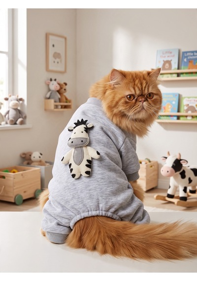 Moo Moo Cozy Kedi Tulumu Gri Melanj Kalın Penye Kedi Kıyafeti