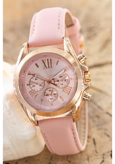 Kadın Kol Saati Pembe Deri Kordon Rose Gold Kasa Pembe Analog Kadran St-304456