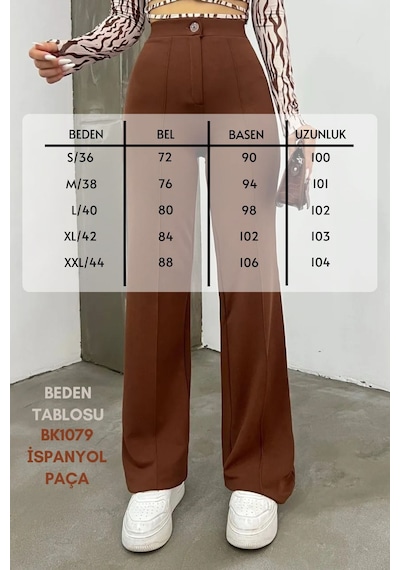 Balenbi Kadın Yüksek Bel Toparlayıcı Ispanyol Paça Palazzo Pantolon 1079 Kahverengi