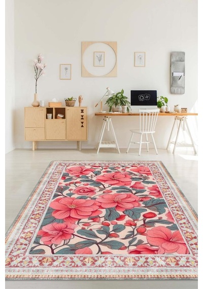 Homshtag Art Deco Begonya Vintage Halı Görünümlü Dijital Baskı Renkli Halı Rustik Çiçekli Halı Çok Renkli