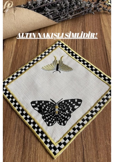2 Adet Kelebek Desenli Keten Kumaş Üzeri Nakışlı Kahve Yanı Kokteyl Peçetesi & Bardak Altlığı Gold, Siyah, Beyaz - 715485976