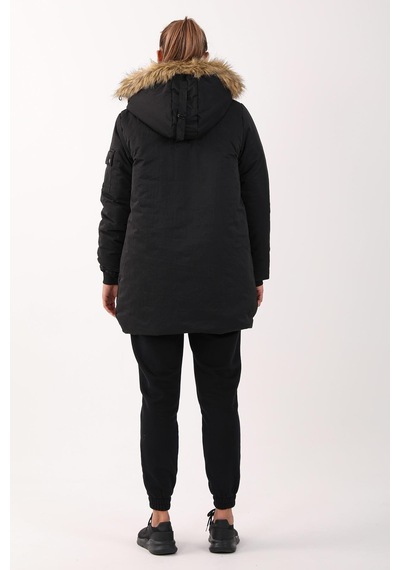 Maraton Sportswear Regular Kadın Kapşonlu Uzun Kol Basic Siyah Parka 21418 Siyah - Siyah