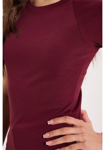 Tudors Kadın Slim Fit Dar Kesim Bisiklet Yaka Reglan Kol %100 Pamuk Bordo Tişört Bluz-51067