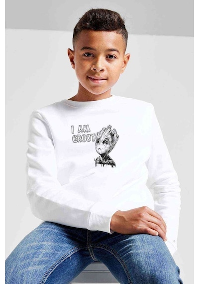 Tshirthane I Am Groot Wood Text Baskılı Unisex Çocuk Beyaz Sweatshirt Beyaz