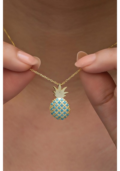 Nereze 925 Ayar Gümüş Gold Kaplama Turkuaz Taşlı Ananas Kolye