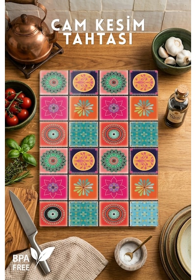 Etnik Desenli Cam Kesim Tahtası - 25x35cm -dayanıklı Ve Pratik Kesim Matı Çok Renkli