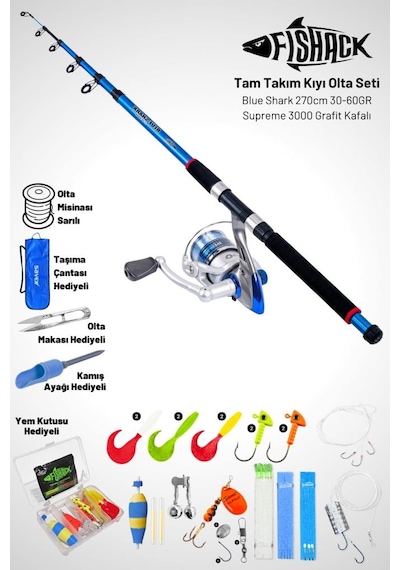 Tam Takım Kıyı Olta Seti - 270cm Kamış 30-60gr / 3000'lik Supreme Olta Makinesi - Taşıma Çantalı