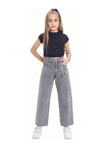 Gzt Tekstil Kız C Ocuk Pantolon Metalik Zincir Detaylı Bol Paça Kız Çocuk Kot Pantolon 6-15 Yaş Denim