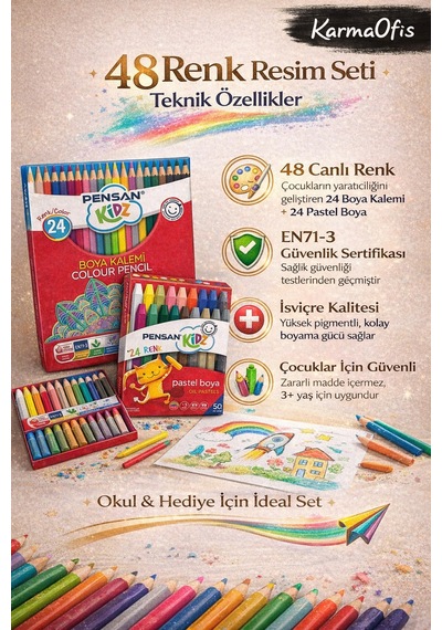 48 Renk Resim Seti 24 Boya Kalemi + 24 Yumuşak Pastel Boya Çocuk Boya Seti Yerli Üretim