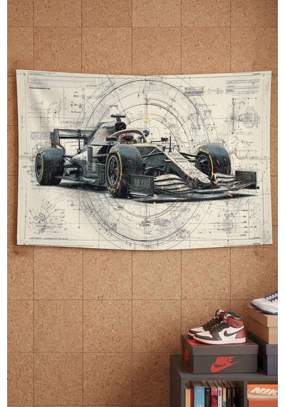 Formula 1 Yarış Aracı Teknik Çizim Dekoratif Duvar Örtüsü Duvar Halısı Beyaz
