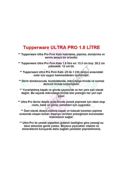 Tupperware Ultra Pro Fırın Kabı 1.8 Litre Kapaklı Hsgl