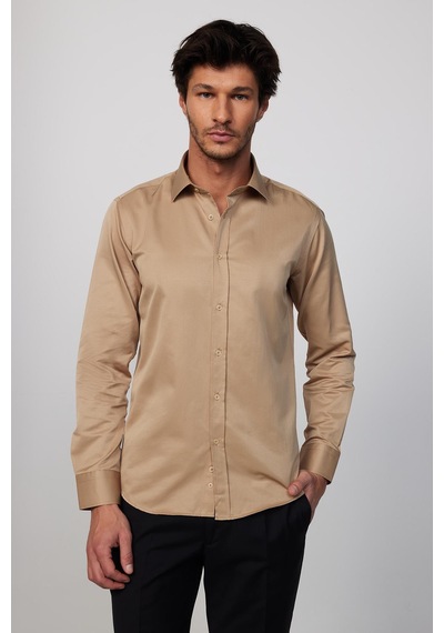 Tudors Modern Slim Fit Uzun Kollu Düz Saten Pamuklu Erkek Krem Gri Gömlek-23059 Krem